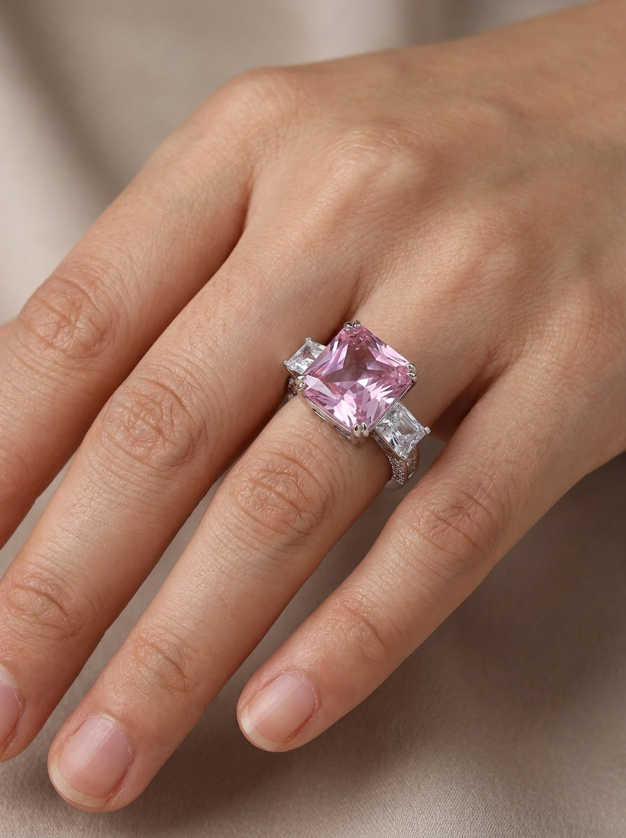 Pink Ice Crush Cut Three Stone Ring .925