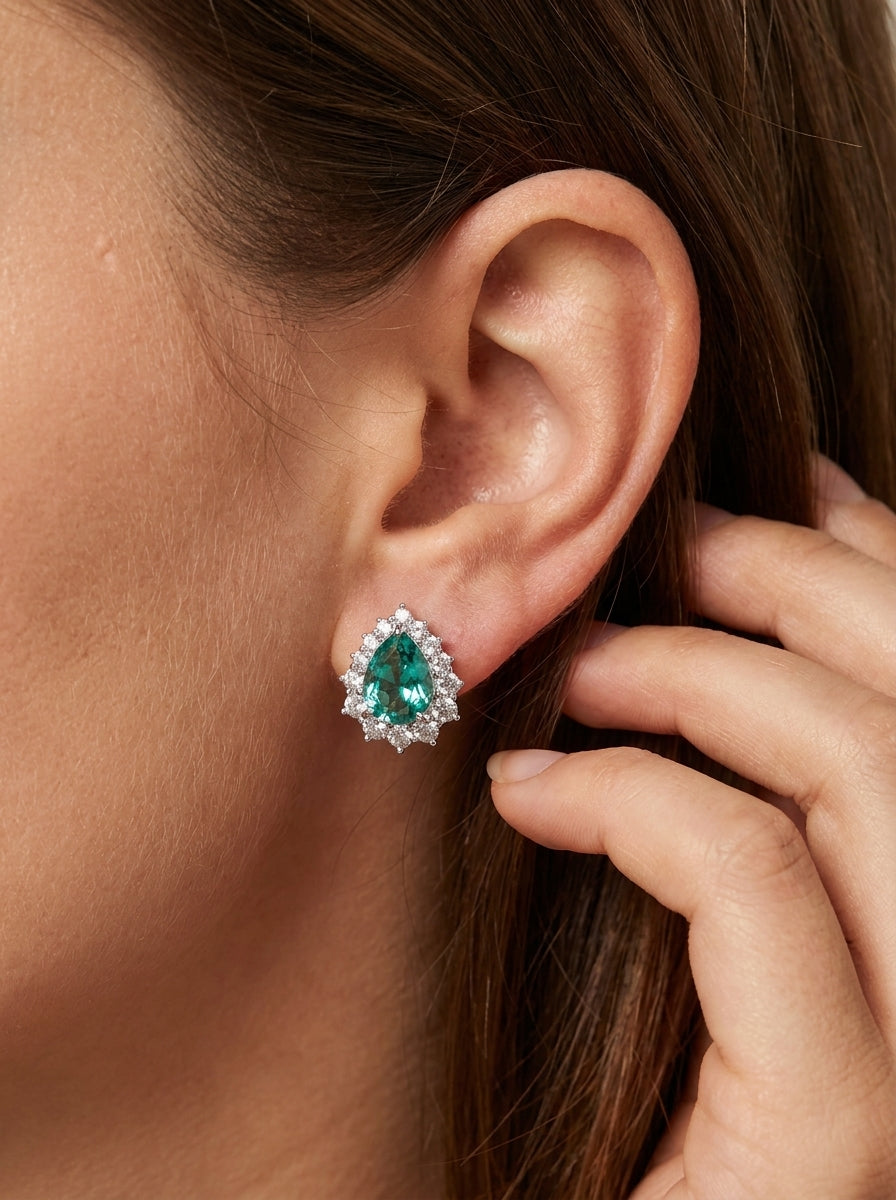 Paraiba Ice Crush Cut Teardrop Halo Earrings .925