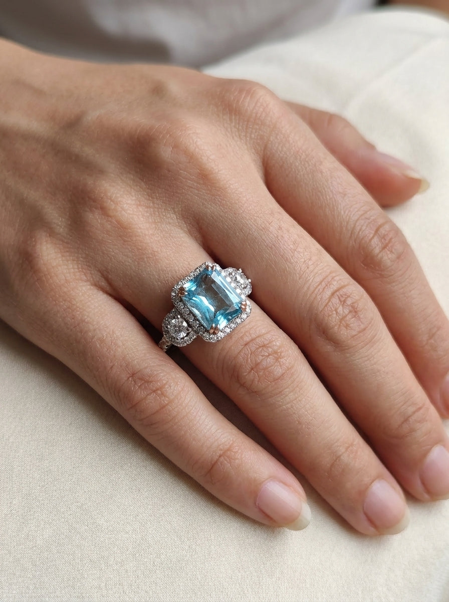 Anillo Aguamarina Halo .925