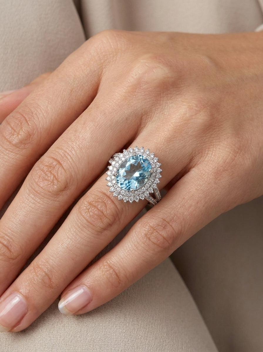 Aquamarine Sunburst Ring .925