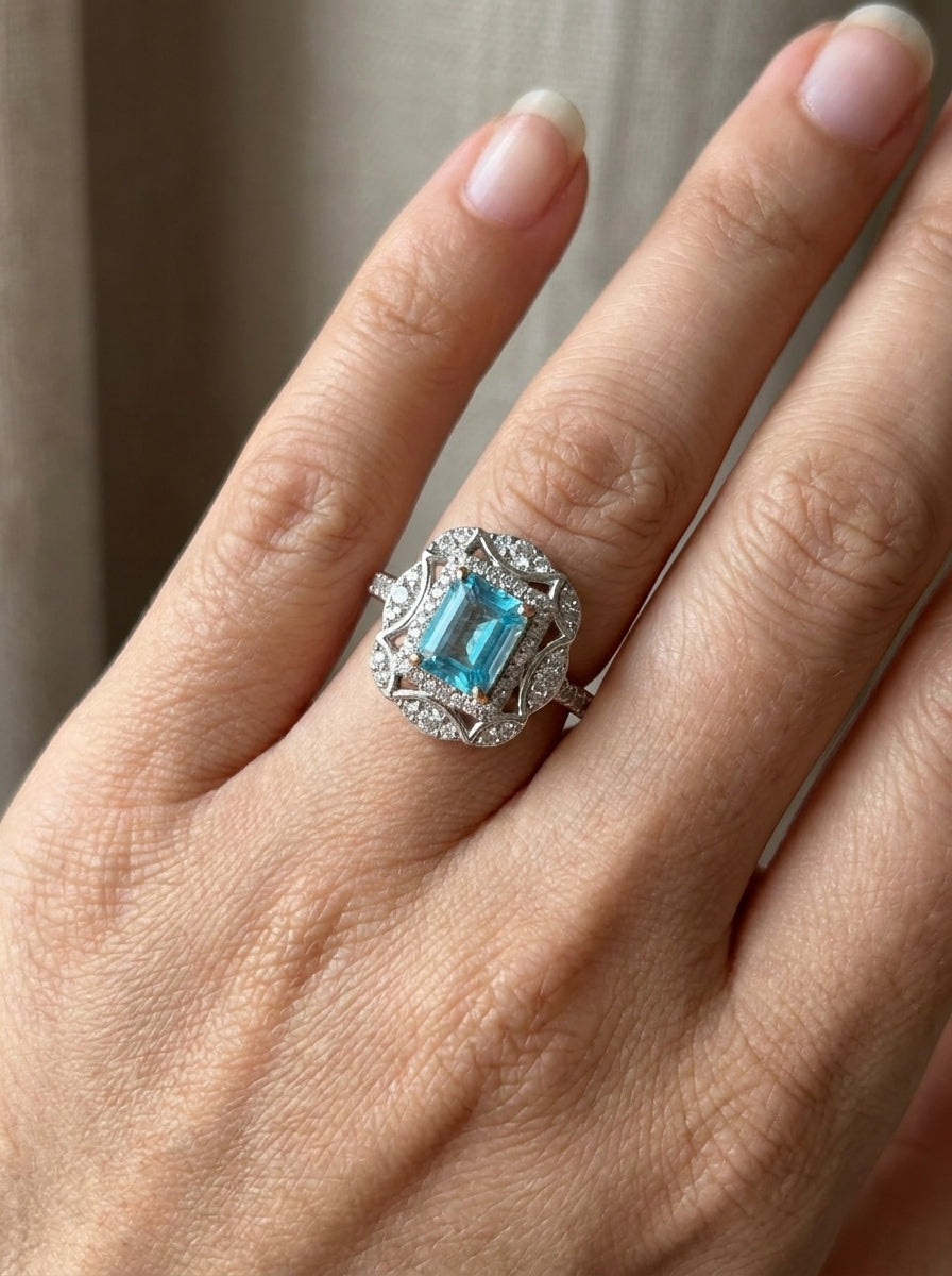 Anillo Aguamarina Vintage Halo .925