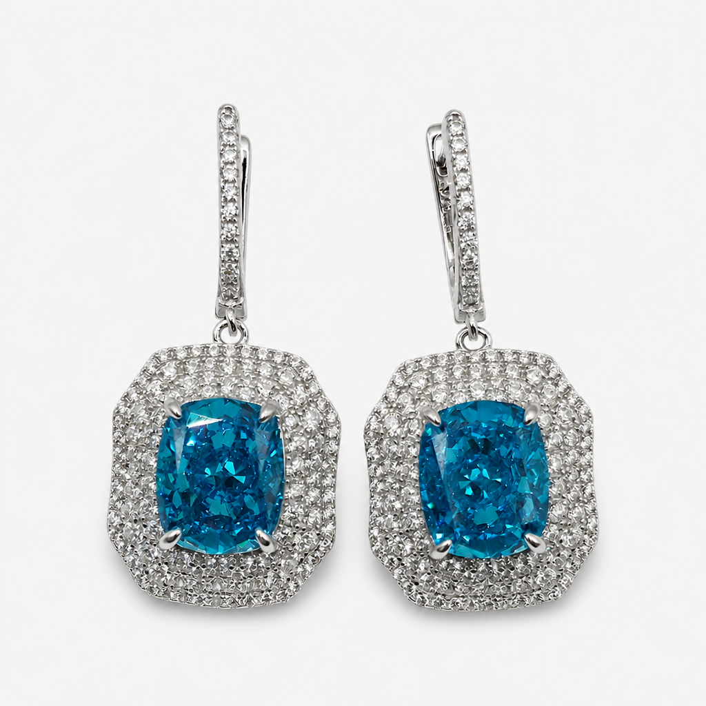 Aquamarine Double Halo Earrings .925