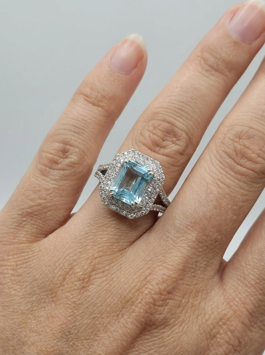 Aquamarine Double Halo Ring .925