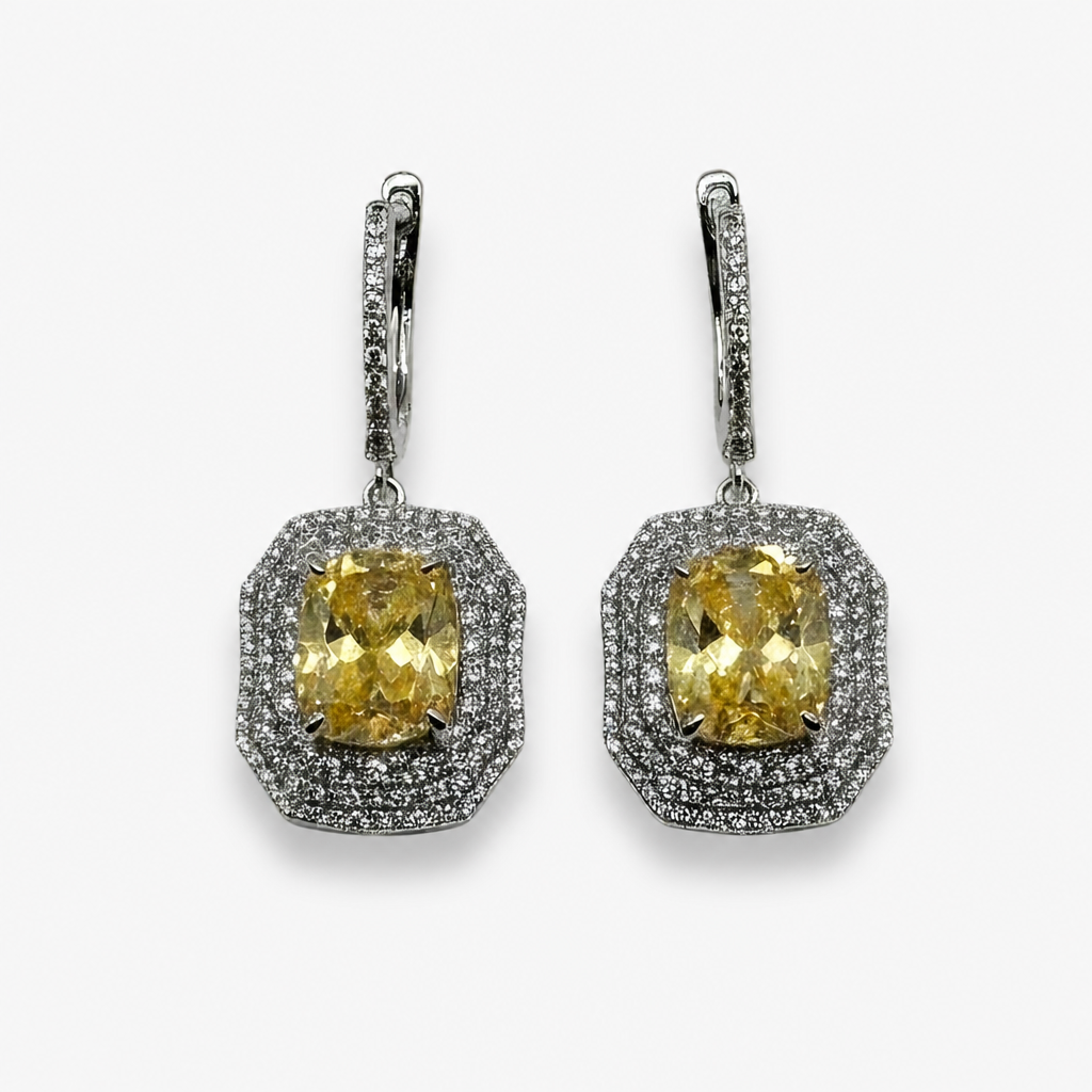 Yellow Ice Crush Cut Double Halo Earrings .925