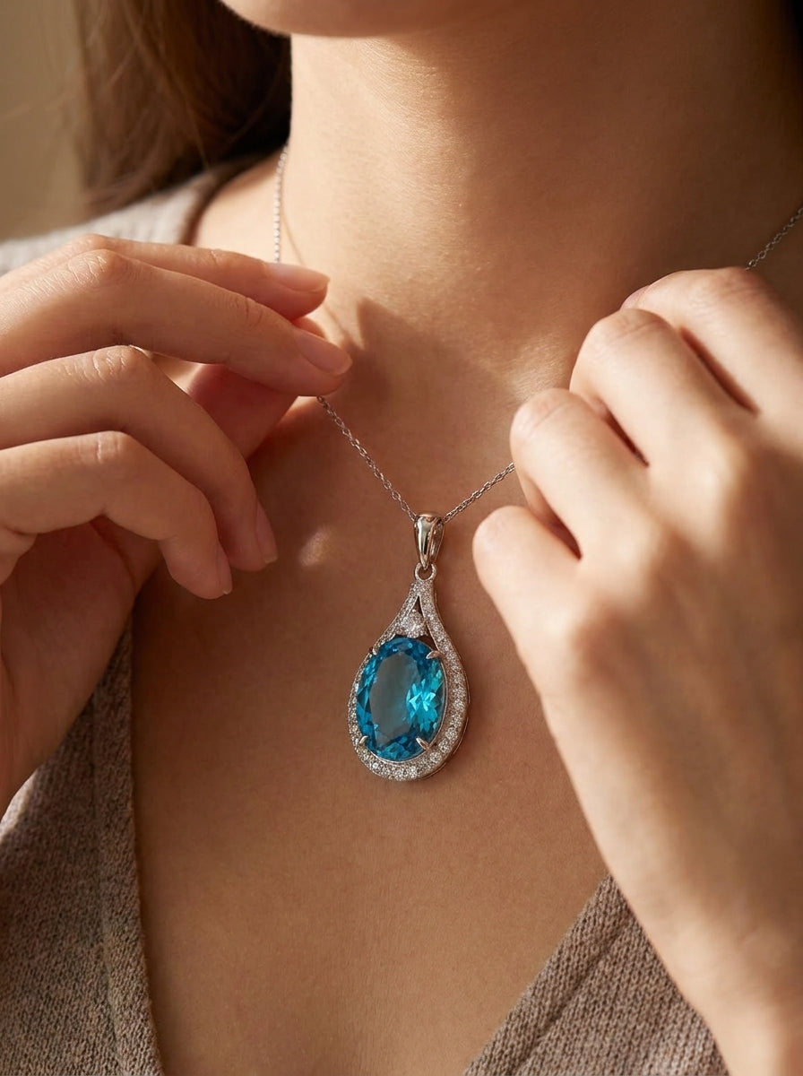 Aquamarine Teardrop Halo Pendant .925